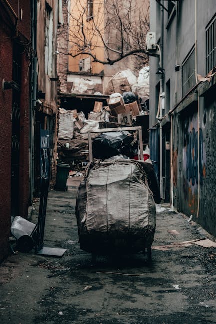 A pile of discarded cardboard boxes, some flattened and others partially intact, mixed with crumpled plastic packaging and a large white cloth sack, is seen on the ground in front of a brick and concrete wall. The boxes vary in size and have printed labels and barcodes visible on their surfaces, with some showing torn edges. The surrounding environment suggests an outdoor area, possibly a back alley or side yard, with uneven ground composed of dirt and small stones. A tree trunk is partially visible on the left, and the scene appears to involve waste left for collection or removal, reflecting a typical private rubbish clearance scenario. The lighting is natural, casting soft shadows, emphasizing the textures of the packaging materials and the rough wall behind. This scene exemplifies the type of waste materials managed by independent rubbish disposal services such as Rubbish Clearance Roehampton, supporting the concept of on-site clearance or alternative waste handling outside of municipal collection.